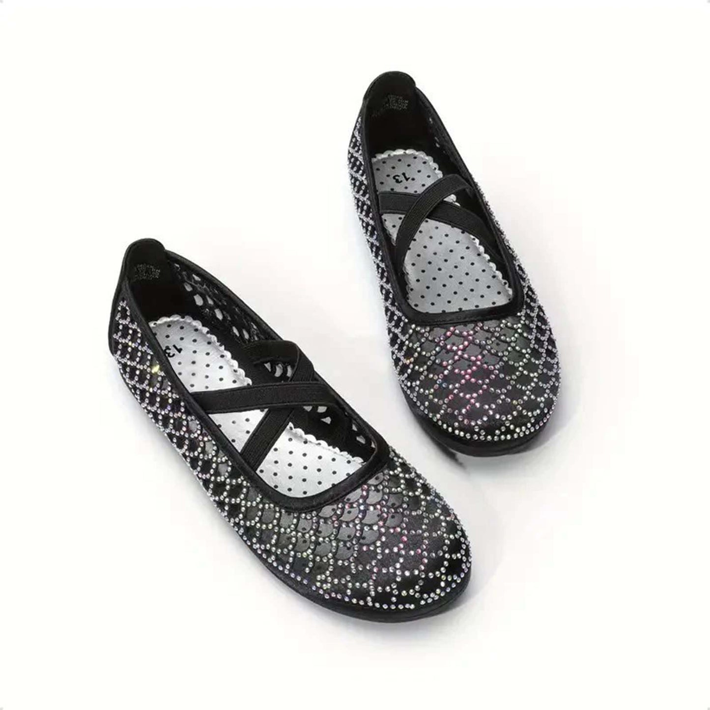 Girls Mary Jane Dress Shoes – Black Rhinestone Sparkle with Cross Strap, Princess Party Flats for Performances, Weddings, Birthdays