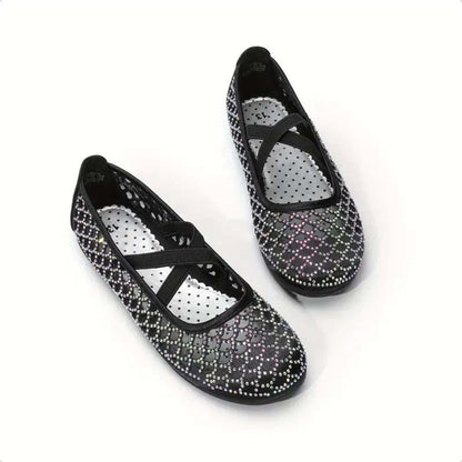 Girls Mary Jane Dress Shoes – Black Rhinestone Sparkle with Cross Strap, Princess Party Flats for Performances, Weddings, Birthdays