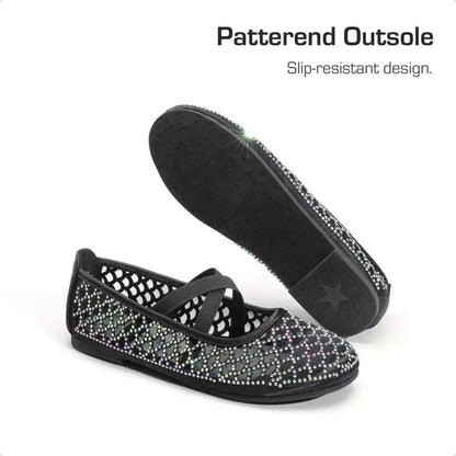 Girls Mary Jane Dress Shoes – Black Rhinestone Sparkle with Cross Strap, Princess Party Flats for Performances, Weddings, Birthdays