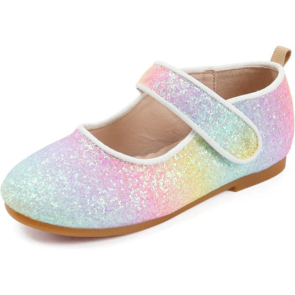 Girls Glitter Mary Jane Shoes – Colorful Sequin Gradient Dress Flats with Strap, Sparkly Princess Party Shoes for Birthday, Performance, Holida