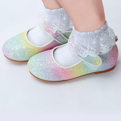 Girls Glitter Mary Jane Shoes – Colorful Sequin Gradient Dress Flats with Strap, Sparkly Princess Party Shoes for Birthday, Performance, Holida