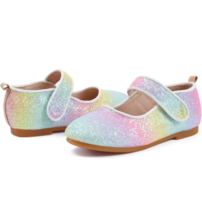 Girls Glitter Mary Jane Shoes – Colorful Sequin Gradient Dress Flats with Strap, Sparkly Princess Party Shoes for Birthday, Performance, Holida