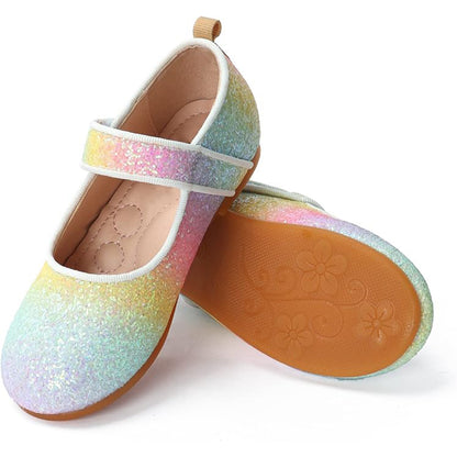 Girls Glitter Mary Jane Shoes – Colorful Sequin Gradient Dress Flats with Strap, Sparkly Princess Party Shoes for Birthday, Performance, Holida