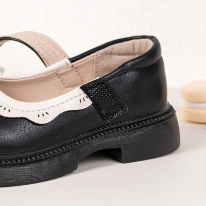 Girls Mary Jane Shoes – Black Leather Dress Flats with White Trim & Bow, Cross Strap Cute Princess Shoes for Daily Wear