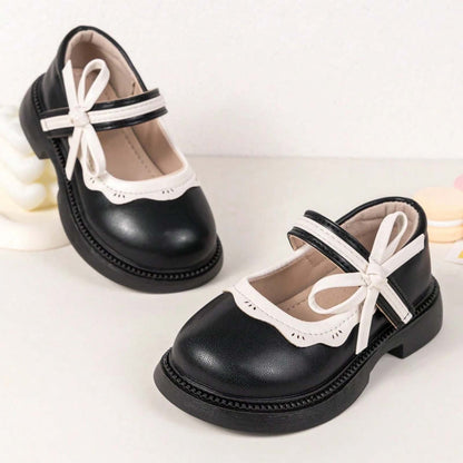 Girls Mary Jane Shoes – Black Leather Dress Flats with White Trim & Bow, Cross Strap Cute Princess Shoes for Daily Wear