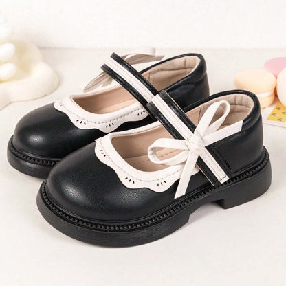 Girls Mary Jane Shoes – Black Leather Dress Flats with White Trim & Bow, Cross Strap Cute Princess Shoes for Daily Wear
