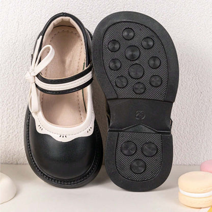 Girls Mary Jane Shoes – Black Leather Dress Flats with White Trim & Bow, Cross Strap Cute Princess Shoes for Daily Wear