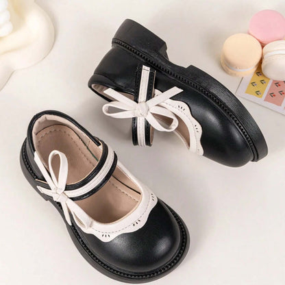Girls Mary Jane Shoes – Black Leather Dress Flats with White Trim & Bow, Cross Strap Cute Princess Shoes for Daily Wear