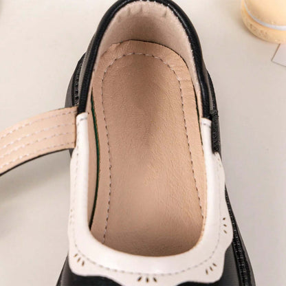 Girls Mary Jane Shoes – Black Leather Dress Flats with White Trim & Bow, Cross Strap Cute Princess Shoes for Daily Wear