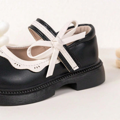 Girls Mary Jane Shoes – Black Leather Dress Flats with White Trim & Bow, Cross Strap Cute Princess Shoes for Daily Wear