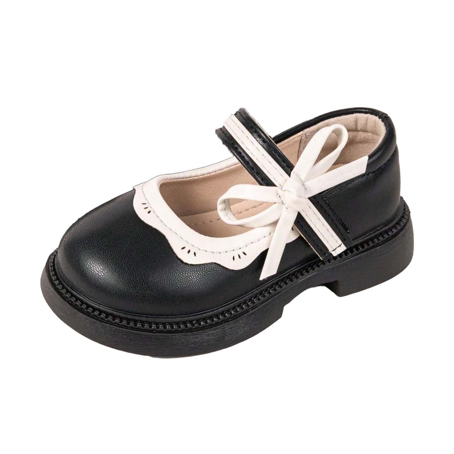 Girls Mary Jane Shoes – Black Leather Dress Flats with White Trim & Bow, Cross Strap Cute Princess Shoes for Daily Wear