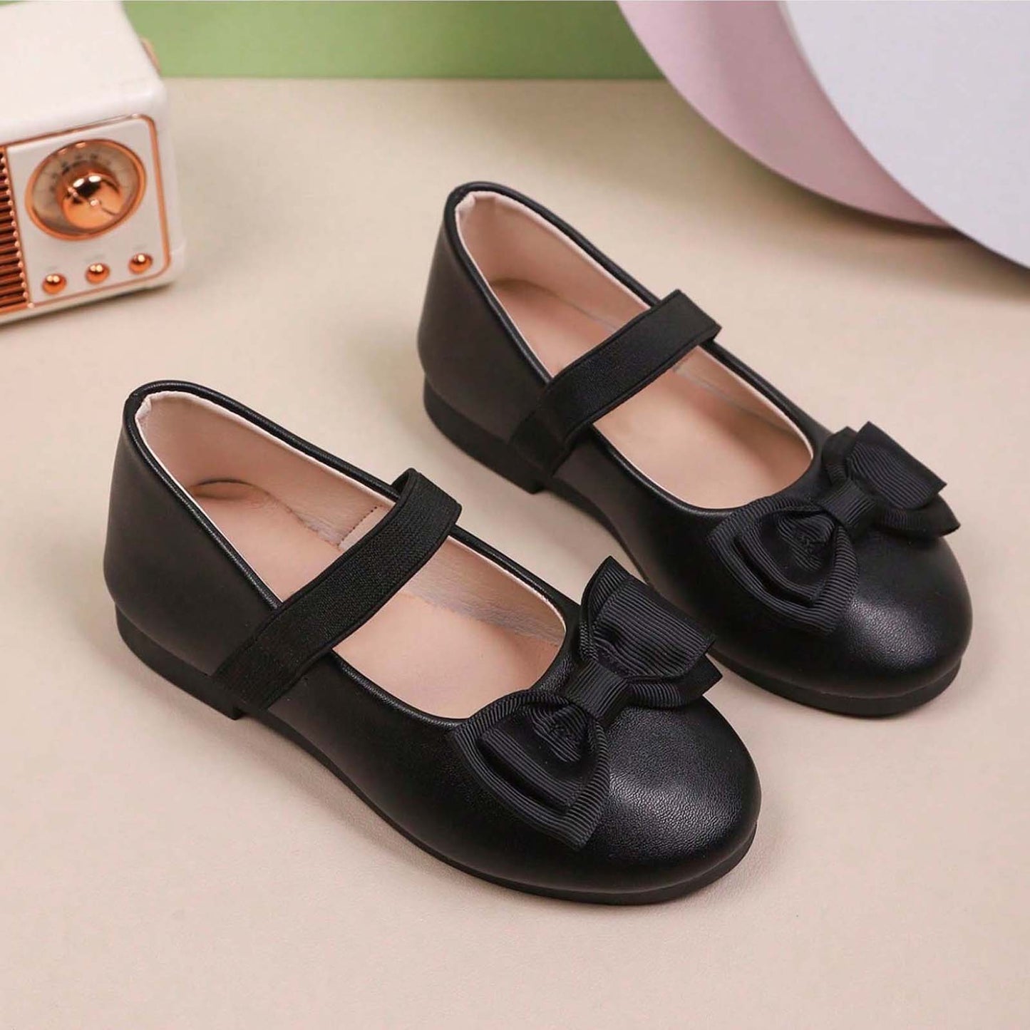 Girls Mary Jane Shoes – Black Leather Dress Flats with Bow, Single Strap Classic Princess Shoes for Daily Wear