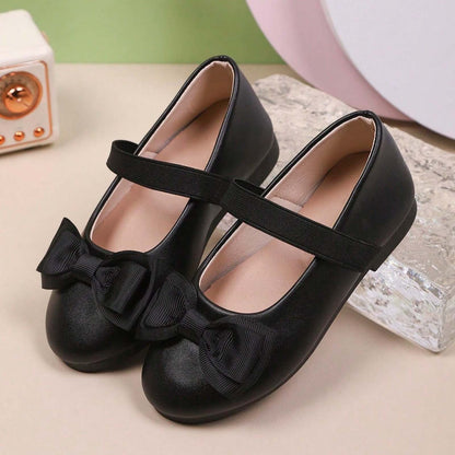 Girls Mary Jane Shoes – Black Leather Dress Flats with Bow, Single Strap Classic Princess Shoes for Daily Wear