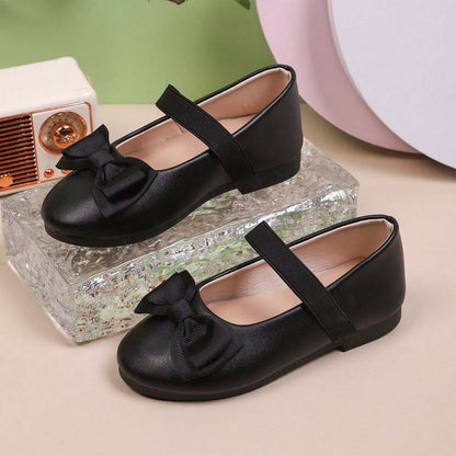 Girls Mary Jane Shoes – Black Leather Dress Flats with Bow, Single Strap Classic Princess Shoes for Daily Wear