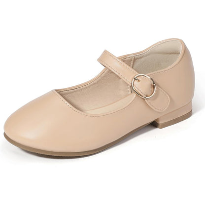 Girls Mary Jane Flats – Nude Pink Leather Dress Shoes with Adjustable Buckle Strap, Cute Daily Princess Shoes for Toddlers & Little Kids