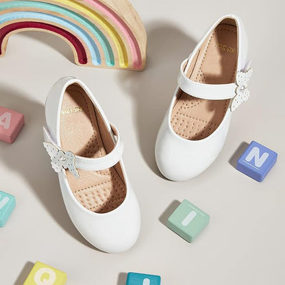 Girls Mary Jane Shoes – White Patent Leather Dress Shoes with Butterfly Pearl Decoration, Low Heel Princess Flats for Party, Daily Wear