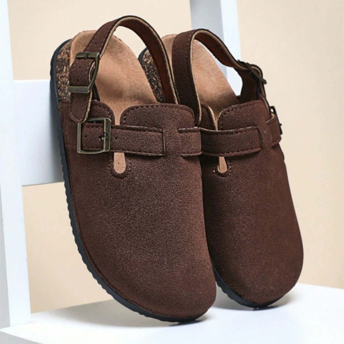 Men’s Closed Toe Birkenstock Style Sandals with Adjustable Double Buckle and Back Strap – Brown Suede Cork Footbed Casual Comfort Shoes