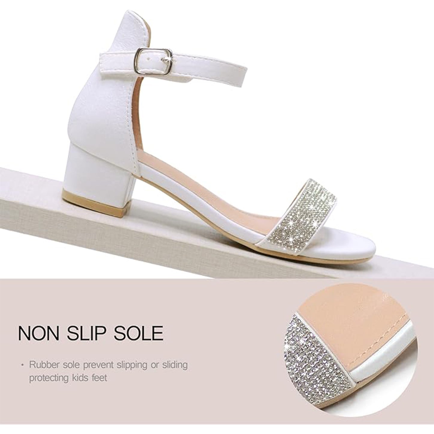 Girls White Heeled Sandals – Sparkly Rhinestone Dress Shoes with Buckle Strap, Chunky Heel Party Shoes for Weddings, Birthdays, Princess Outfits