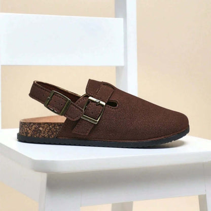 Men’s Closed Toe Birkenstock Style Sandals with Adjustable Double Buckle and Back Strap – Brown Suede Cork Footbed Casual Comfort Shoes