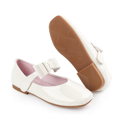 Girls Mary Jane Shoes – White Patent Leather Dress Flats with Bow Accent and Pink Lining, Cute School Party Shoes for Little Girls