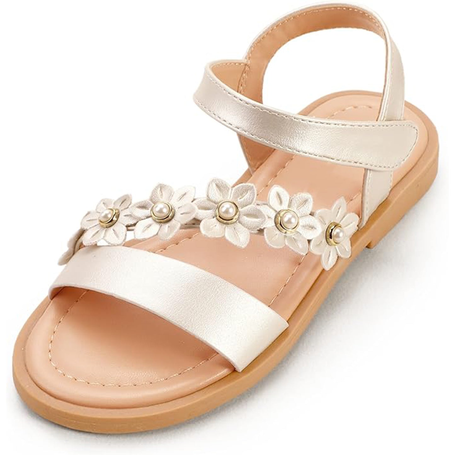 Girls Flat Sandals – Pearl Flower Dress Sandals with Cross Straps, Comfortable Summer Shoes for Outdoor Activities, Family Gatherings, Daily Wear