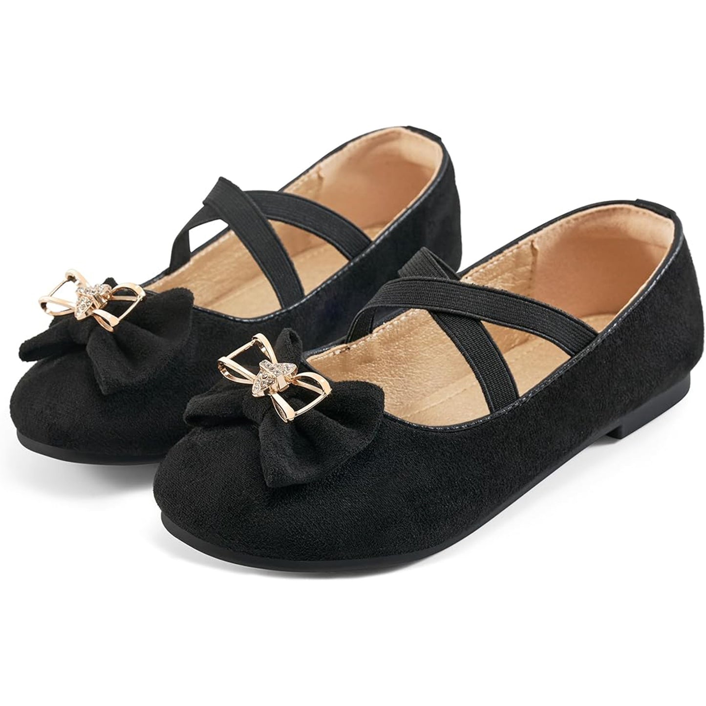 Girls Mary Jane Flats – Black Suede Dress Shoes with Cross Straps and Bow Metal Accent, Comfortable Ballet Flats for Party, Performance, or Daily Wear