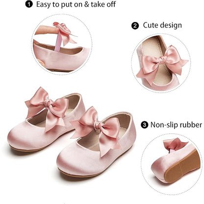 Girls Princess Mary Jane Shoes – Pink Satin Dress Shoes with Big Bow, Cute Party Ballet Flats for Weddings, Birthdays, Dance Performances