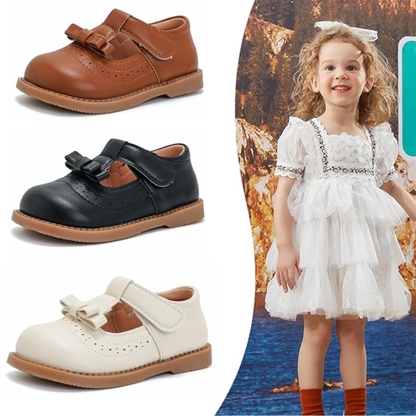 Girls Mary Jane School Shoes with T-Strap and Bow – Brown Leather Toddler/Little Kids Dress Shoes with Buckle Closure and Breathable Cutout Design