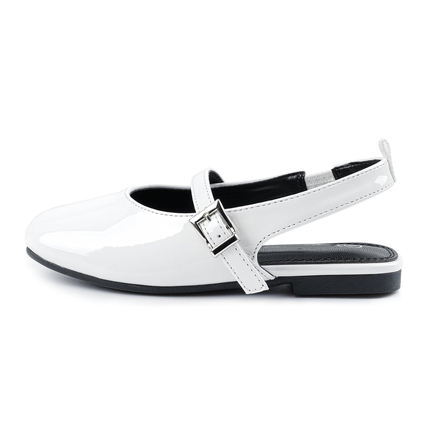 Girls Mary Jane Slingback Shoes – White Patent Leather Dress Flats with Buckle Strap, Cute Summer Shoes for School, Party, Daily Wear