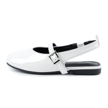 Girls Mary Jane Slingback Shoes – White Patent Leather Dress Flats with Buckle Strap, Cute Summer Shoes for School, Party, Daily Wear