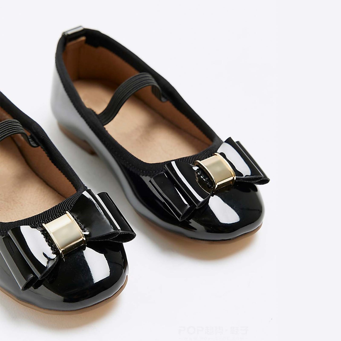 Girls Mary Jane Shoes – Black Patent Leather Dress Flats with Bow & Gold Buckle, Cross Strap Party Shoes for Girls