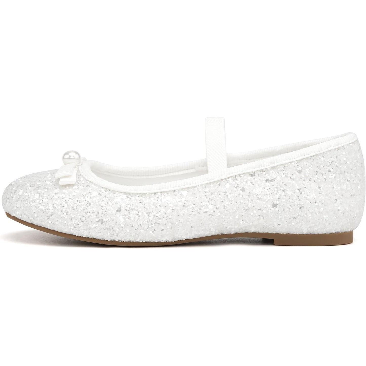 Girls Mary Jane Party Shoes – White Glitter Dress Flats with Pearl Bow, Sparkly Princess Shoes with Buckle Strap for Toddler & Little Kids