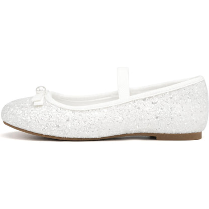 Girls Mary Jane Party Shoes – White Glitter Dress Flats with Pearl Bow, Sparkly Princess Shoes with Buckle Strap for Toddler & Little Kids