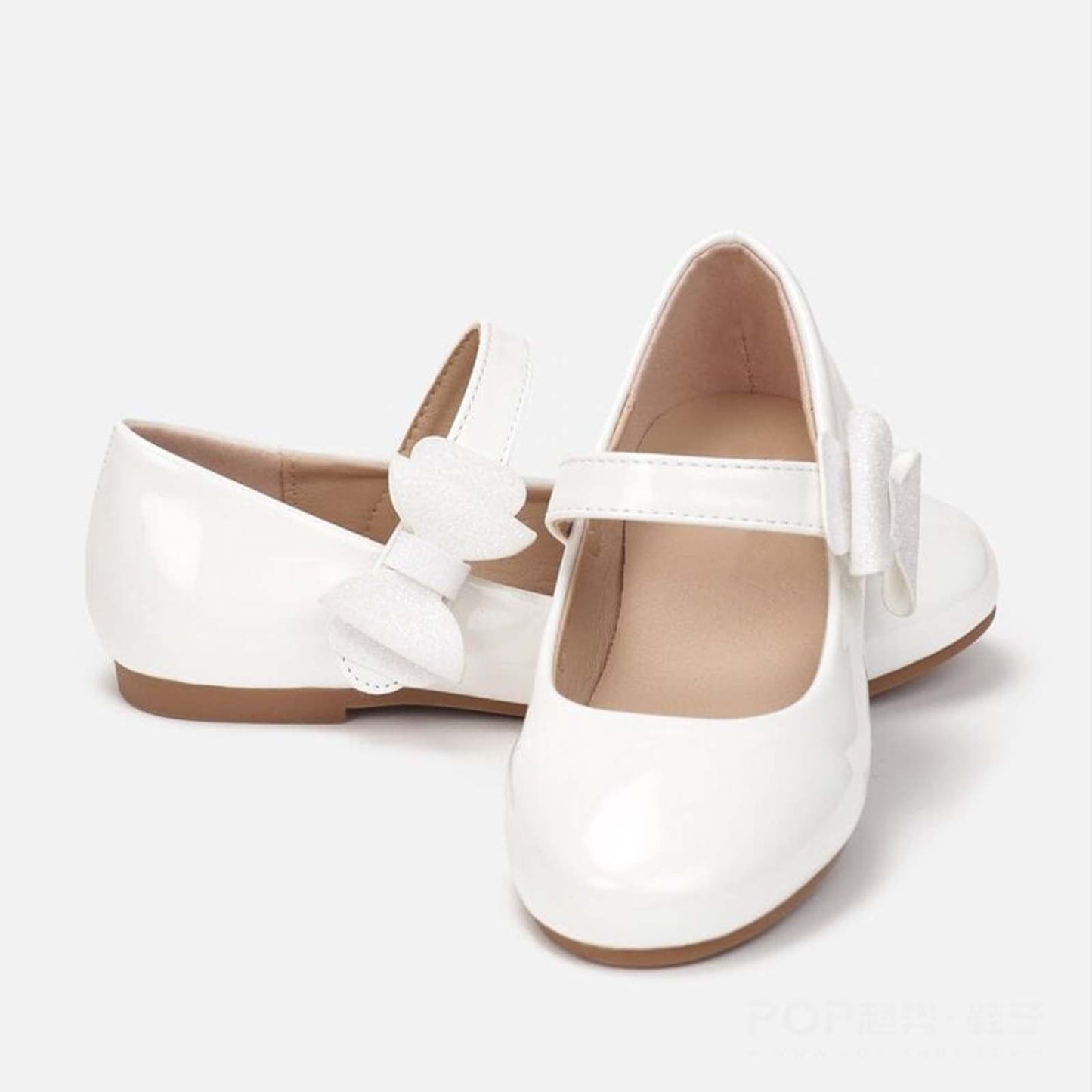 Girls Mary Jane Shoes – White Patent Leather Dress Flats with Shiny Bow, Adjustable Strap, Cute School & Party Shoes
