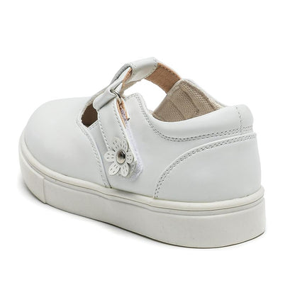 Girls White T-Strap Sneakers – Leather School Shoes with Flower Decoration, Non-Slip Rubber Sole, Casual Dress Shoes for Kids