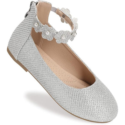 Girls Mary Jane Dress Shoes with Ankle Flower Strap and Pearls – Ivory Leather Toddler/Little Kids Party Wedding Performance Shoes