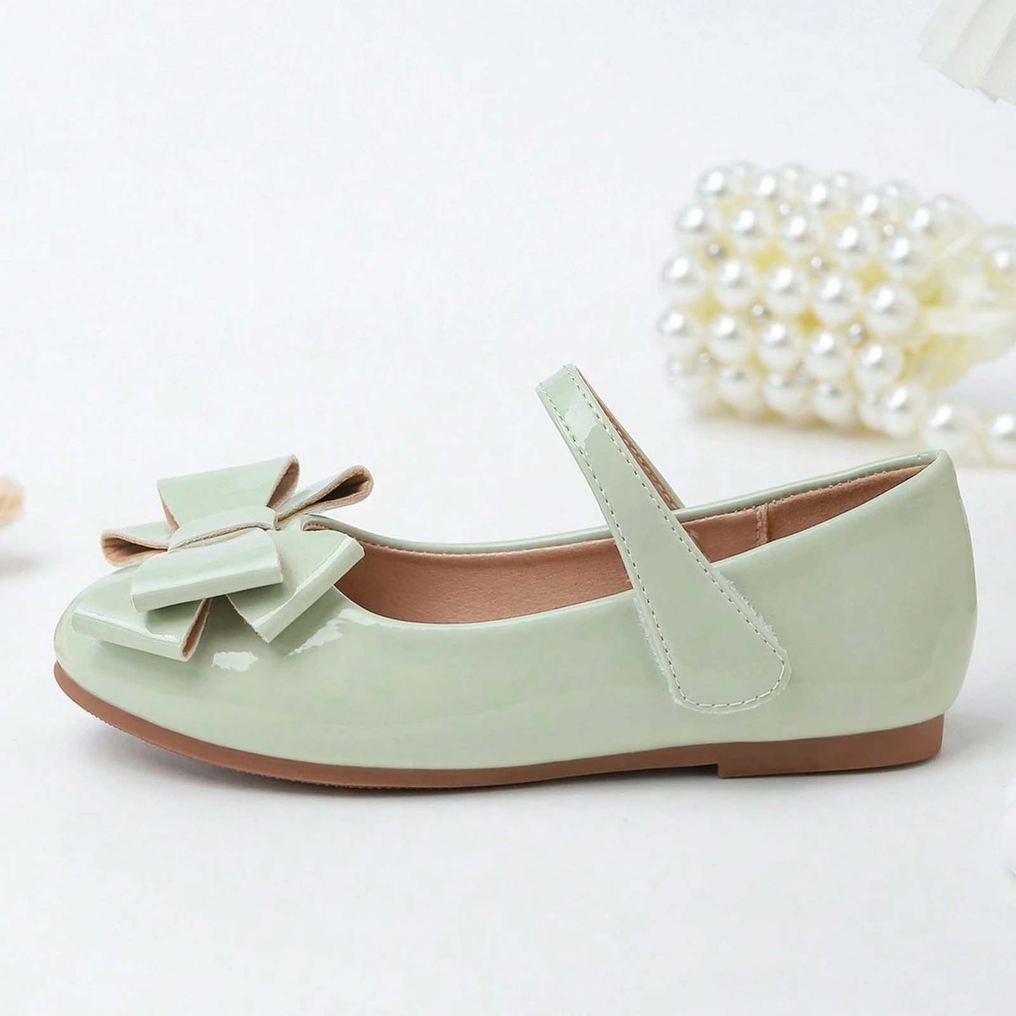 Girls Mary Jane Shoes – Light Green Patent Leather Flats with Big Bow, Single Strap Princess Dress Shoes for Party & Daily Wear