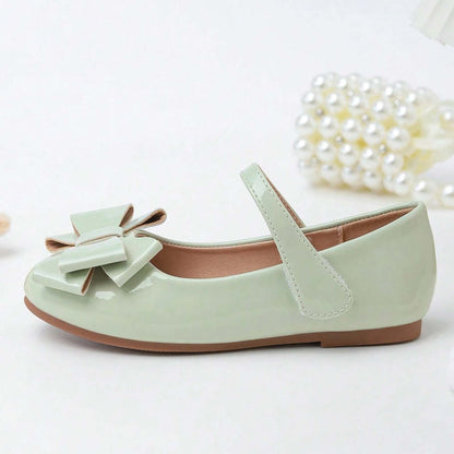 Girls Mary Jane Shoes – Light Green Patent Leather Flats with Big Bow, Single Strap Princess Dress Shoes for Party & Daily Wear