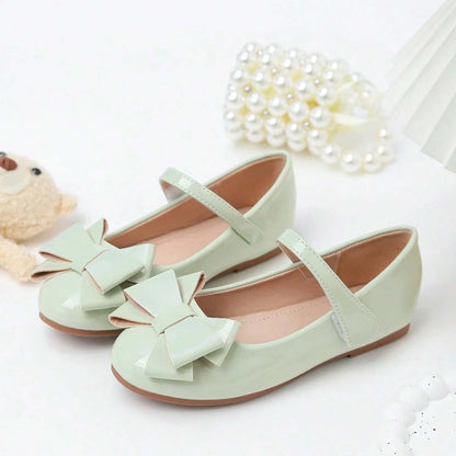 Girls Mary Jane Shoes – Light Green Patent Leather Flats with Big Bow, Single Strap Princess Dress Shoes for Party & Daily Wear