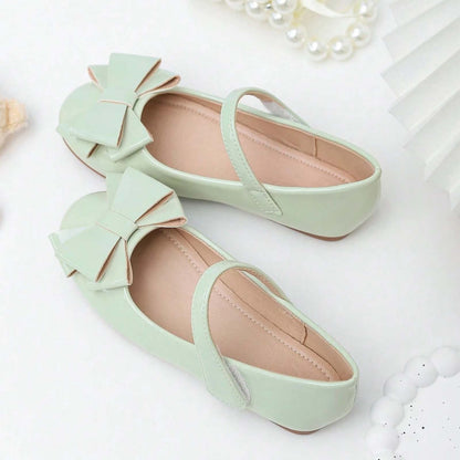 Girls Mary Jane Shoes – Light Green Patent Leather Flats with Big Bow, Single Strap Princess Dress Shoes for Party & Daily Wear