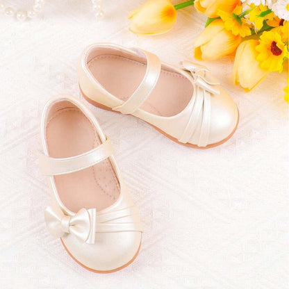 Girls Mary Jane Shoes Dress Flats – Patent Leather Look with Bow, Hook & Loop Strap, Comfortable Rubber Sole – Toddler/Little Kid/Big Kid Party & Wedding Dress Shoes