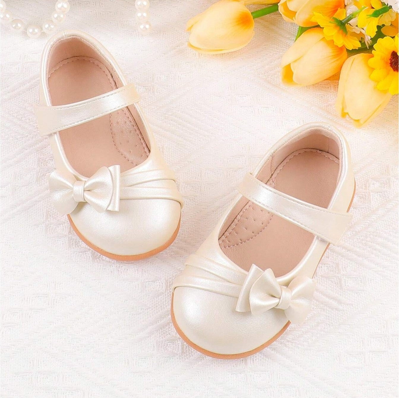 Girls Mary Jane Shoes Dress Flats – Patent Leather Look with Bow, Hook & Loop Strap, Comfortable Rubber Sole – Toddler/Little Kid/Big Kid Party & Wedding Dress Shoes