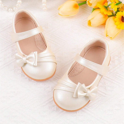 Girls Mary Jane Shoes Dress Flats – Patent Leather Look with Bow, Hook & Loop Strap, Comfortable Rubber Sole – Toddler/Little Kid/Big Kid Party & Wedding Dress Shoes