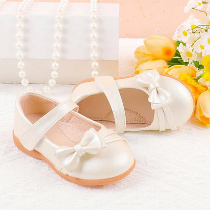 Girls Mary Jane Shoes Dress Flats – Patent Leather Look with Bow, Hook & Loop Strap, Comfortable Rubber Sole – Toddler/Little Kid/Big Kid Party & Wedding Dress Shoes