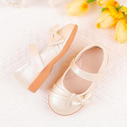 Girls Mary Jane Shoes Dress Flats – Patent Leather Look with Bow, Hook & Loop Strap, Comfortable Rubber Sole – Toddler/Little Kid/Big Kid Party & Wedding Dress Shoes