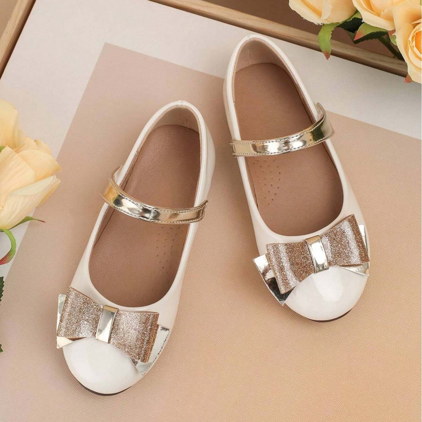 Girls Mary Jane Shoes – Beige Flats with Glitter Gold Bow & Cross Strap, Cute Dress Shoes for Daily Wear, Party, or Special Occasions