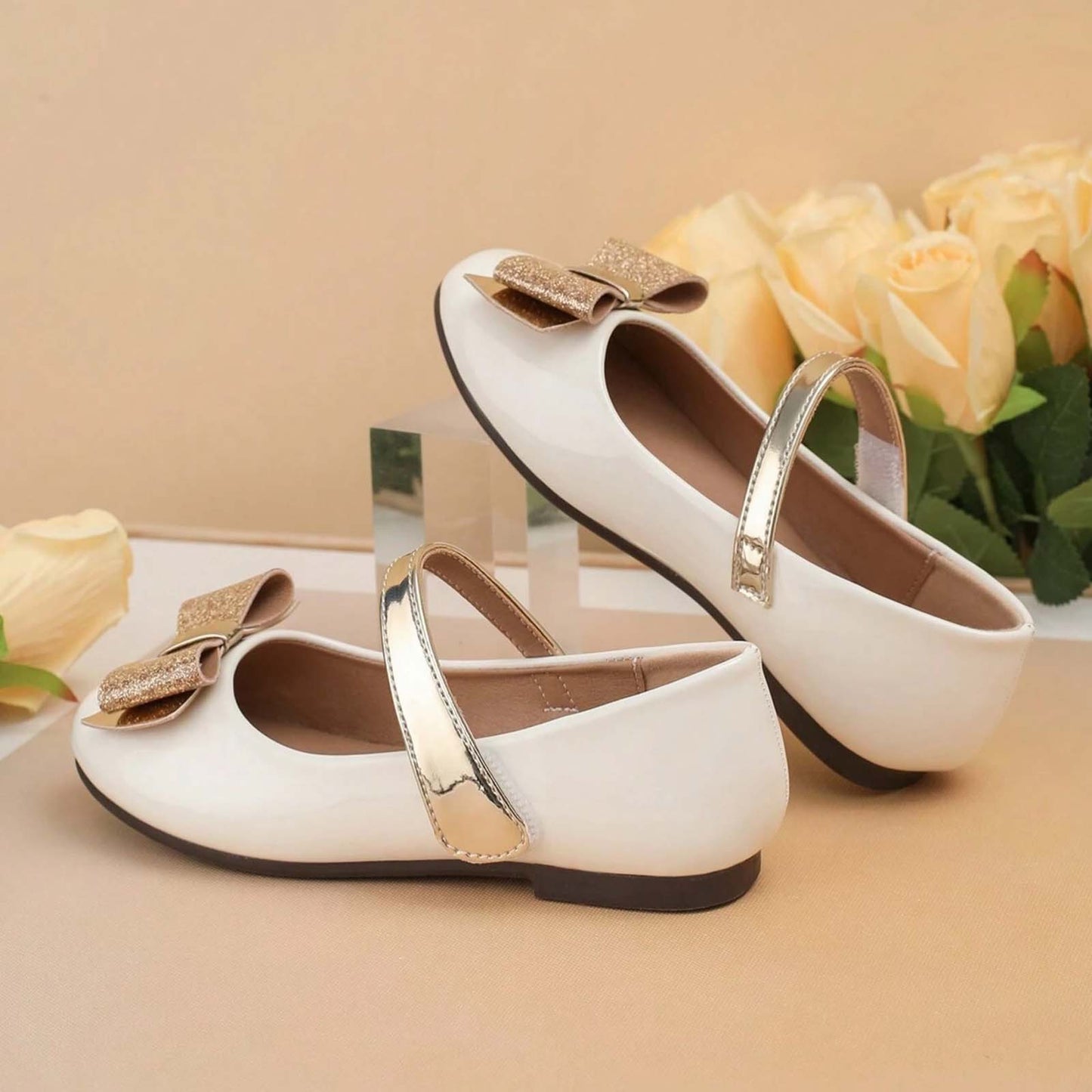 Girls Mary Jane Shoes – Beige Flats with Glitter Gold Bow & Cross Strap, Cute Dress Shoes for Daily Wear, Party, or Special Occasions
