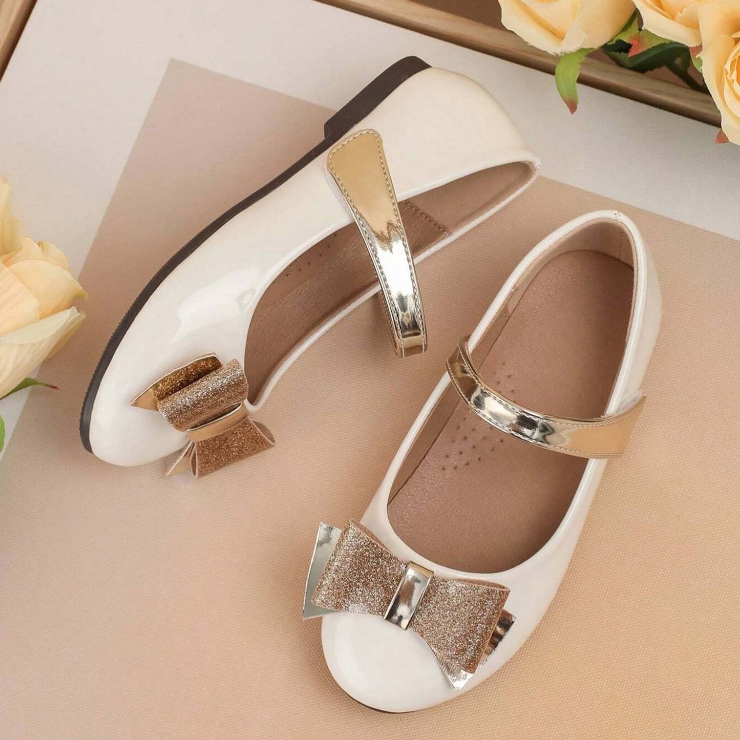 Girls Mary Jane Shoes – Beige Flats with Glitter Gold Bow & Cross Strap, Cute Dress Shoes for Daily Wear, Party, or Special Occasions