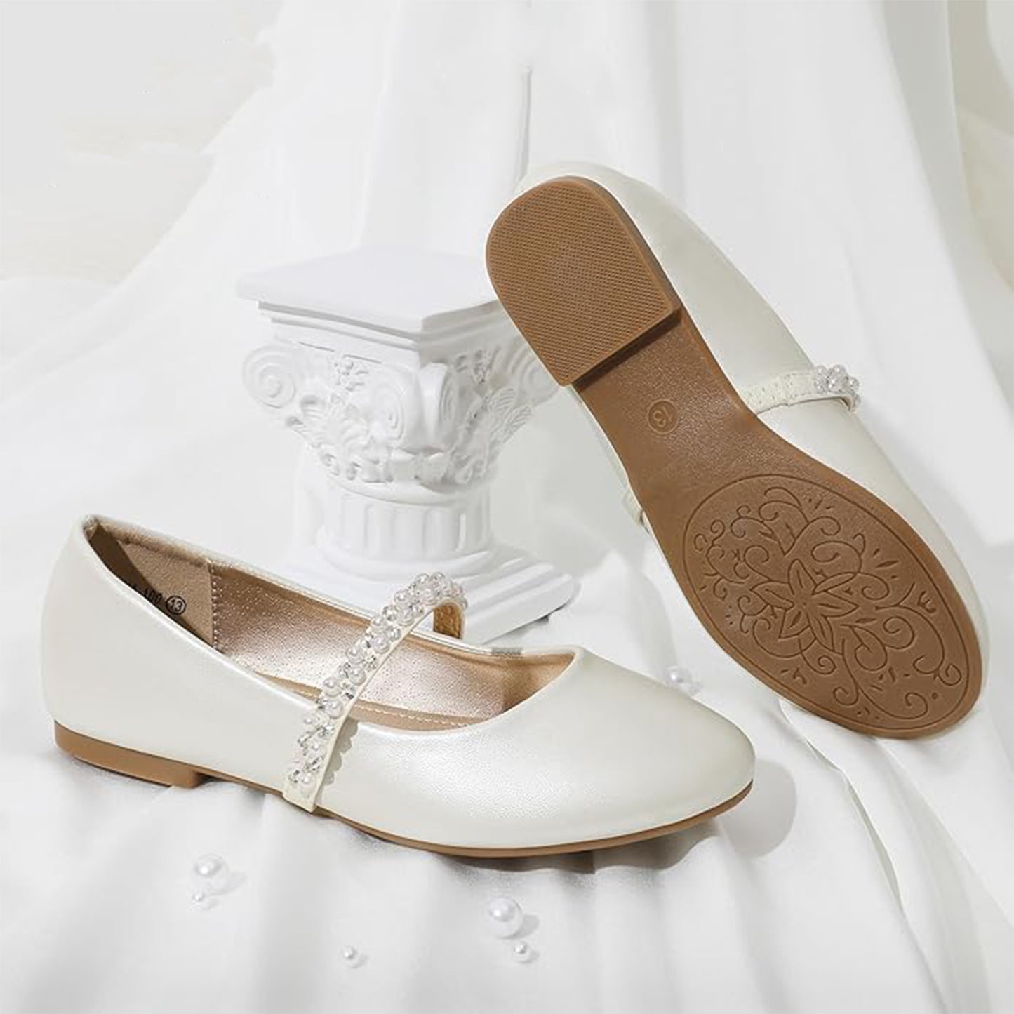 Girls Mary Jane Shoes – White Dress Flats with Pearl & Crystal Strap, Elegant Princess Shoes for Weddings, Parties, and Formal Occasions