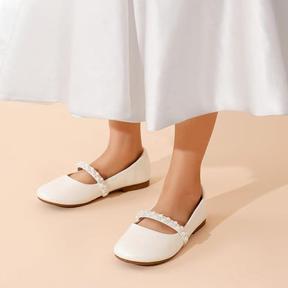 Girls Mary Jane Shoes – White Dress Flats with Pearl & Crystal Strap, Elegant Princess Shoes for Weddings, Parties, and Formal Occasions